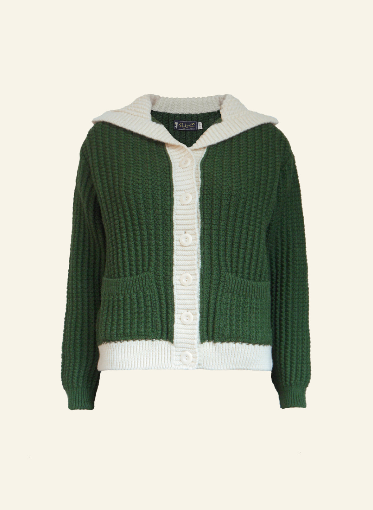 A Corvette green cardigan with a cream-colored collar and cuffs, displayed on a white background.