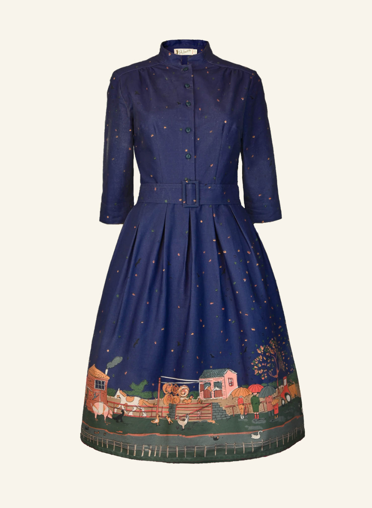Navy dress with colorful farmyard print