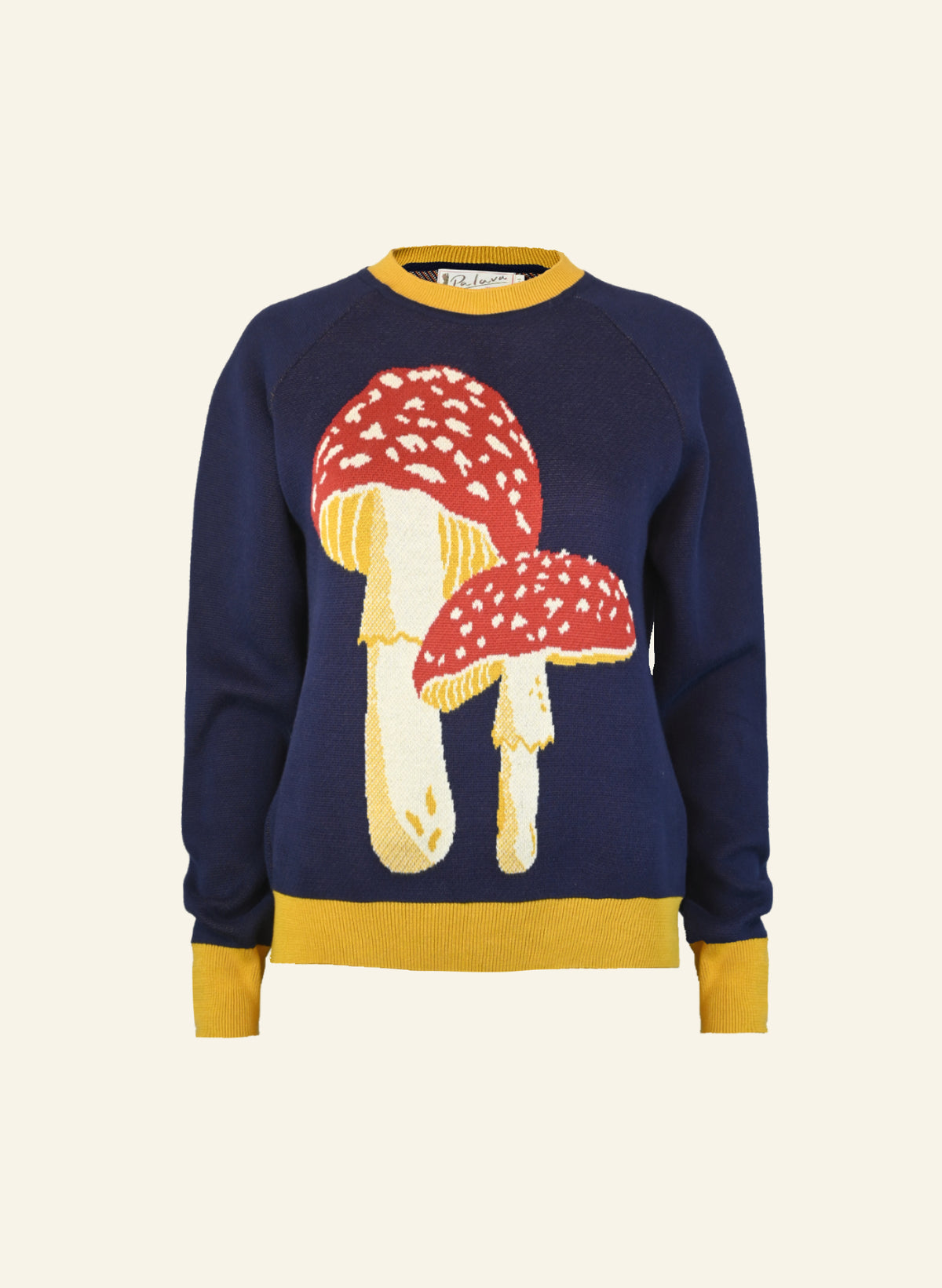 Navy sweater for women with red and white fly agaric mushroom design on a beige background. Made from 100% organic cotton.