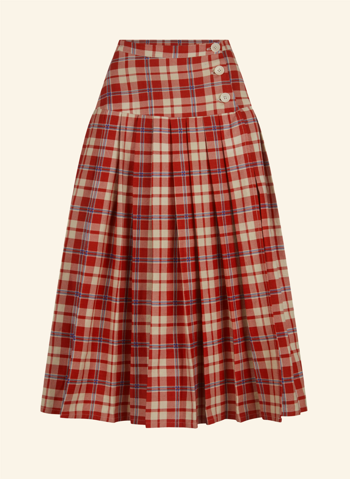 A red and beige plaid pleated midi kilt skirt with a high waist and three decorative buttons on the left side, shown against a solid cream background.