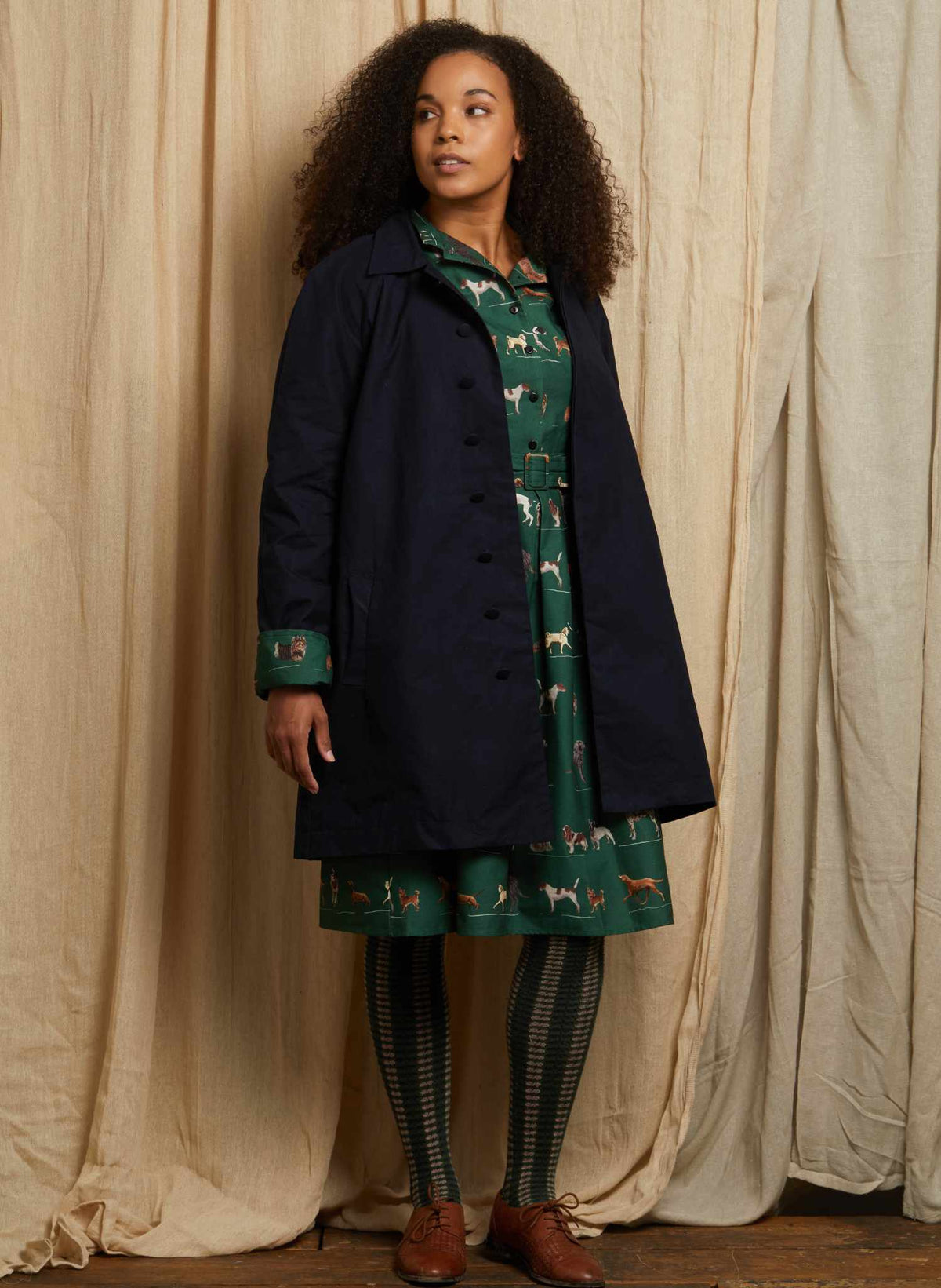 Heritage - Navy Trench Coat - Green Porcelain Dogs Lining