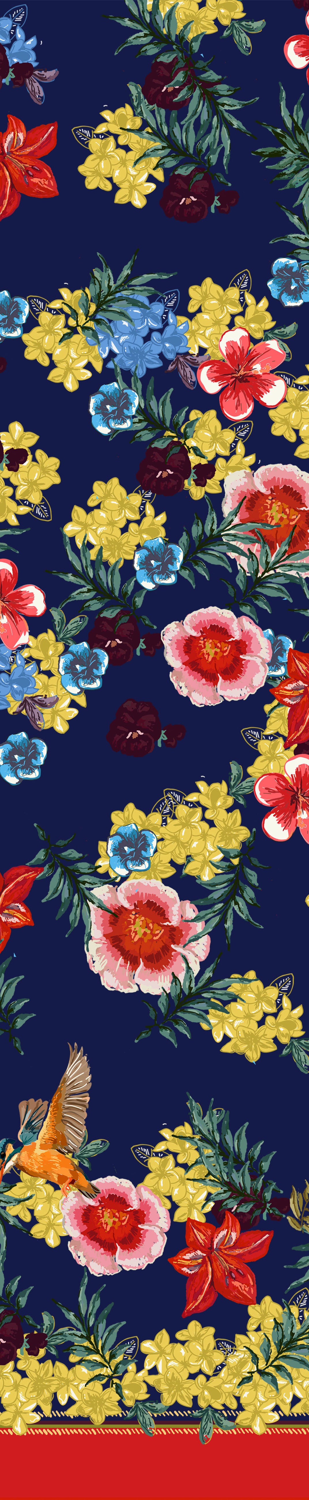 Remnant - 80cm x 237cm - Navy Tropical Birds - Cotton Sateen