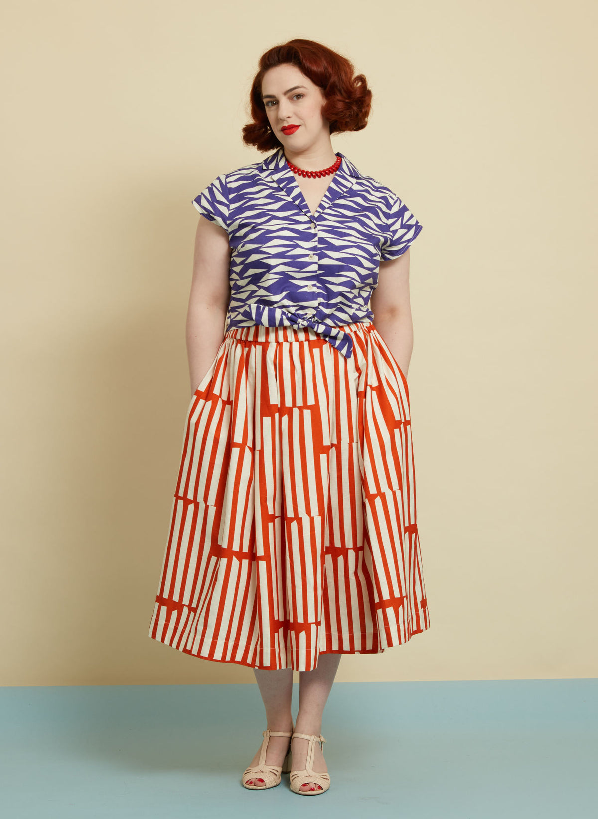 Navy Sails Pattern Tie-Front Top | Cotton & Linen | Made in UK