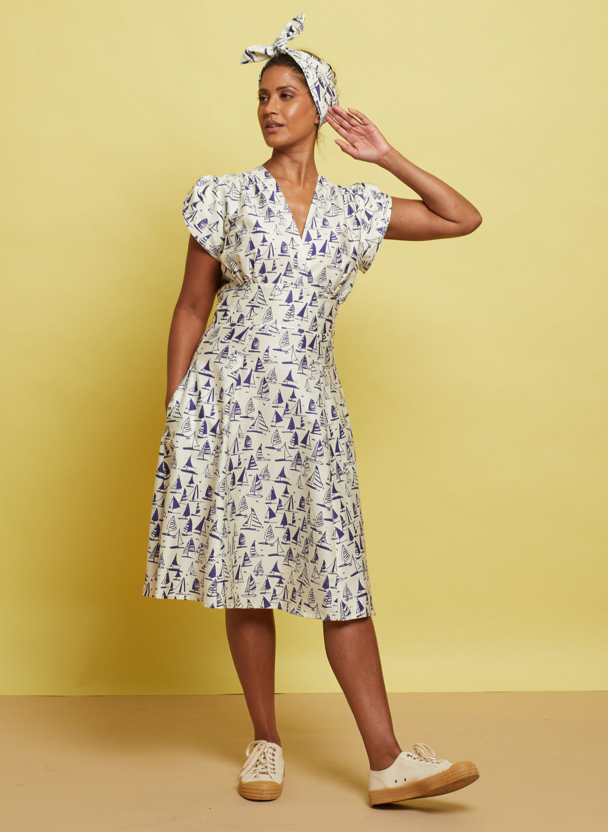 V-Neck Knee-Length Sailboats Dress | TENCEL™ | Made in UK