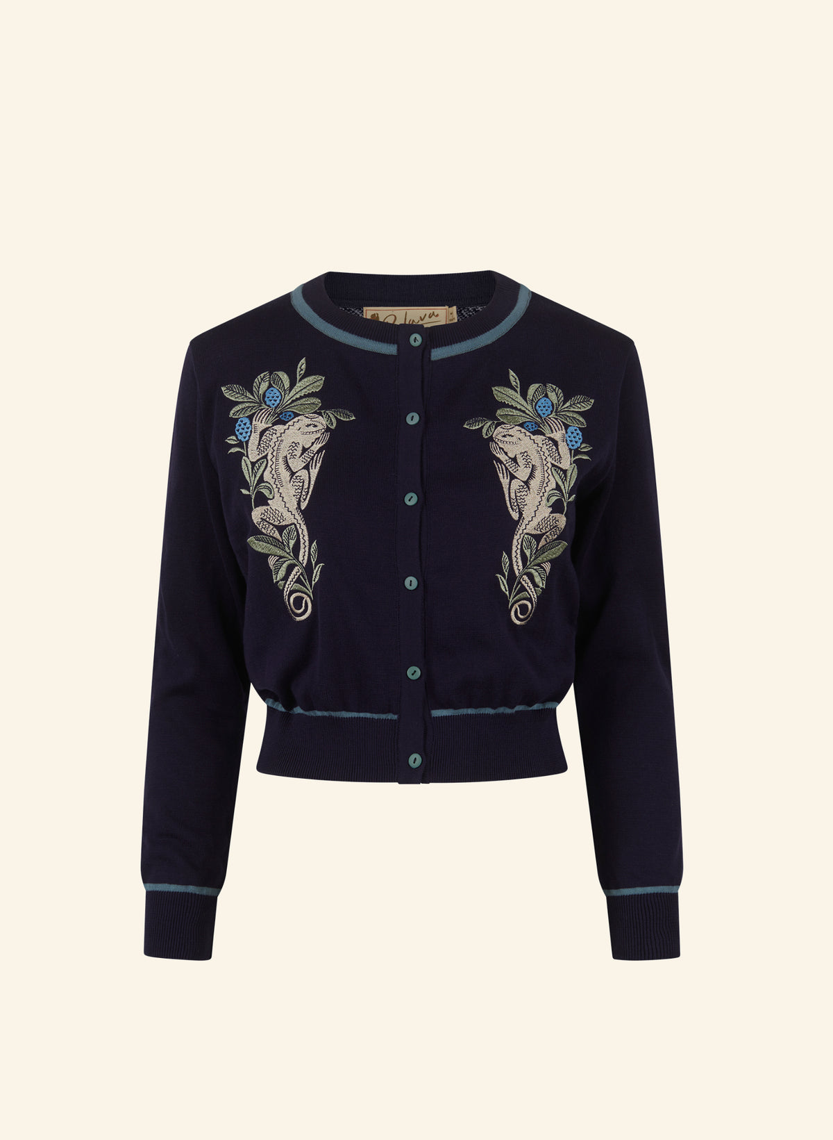 A navy blue cropped cardigan sweater featuring detailed embroidery of two lizards on the front panels, accented with blue and green floral details, and finished with ribbed trim and button closure.