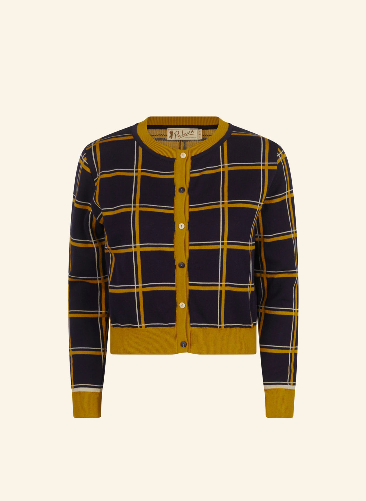 A cropped cardigan sweater with a navy blue and mustard yellow plaid check pattern, featuring a round neckline, button-up front, and ribbed cuffs and hem, shown against a solid cream background.