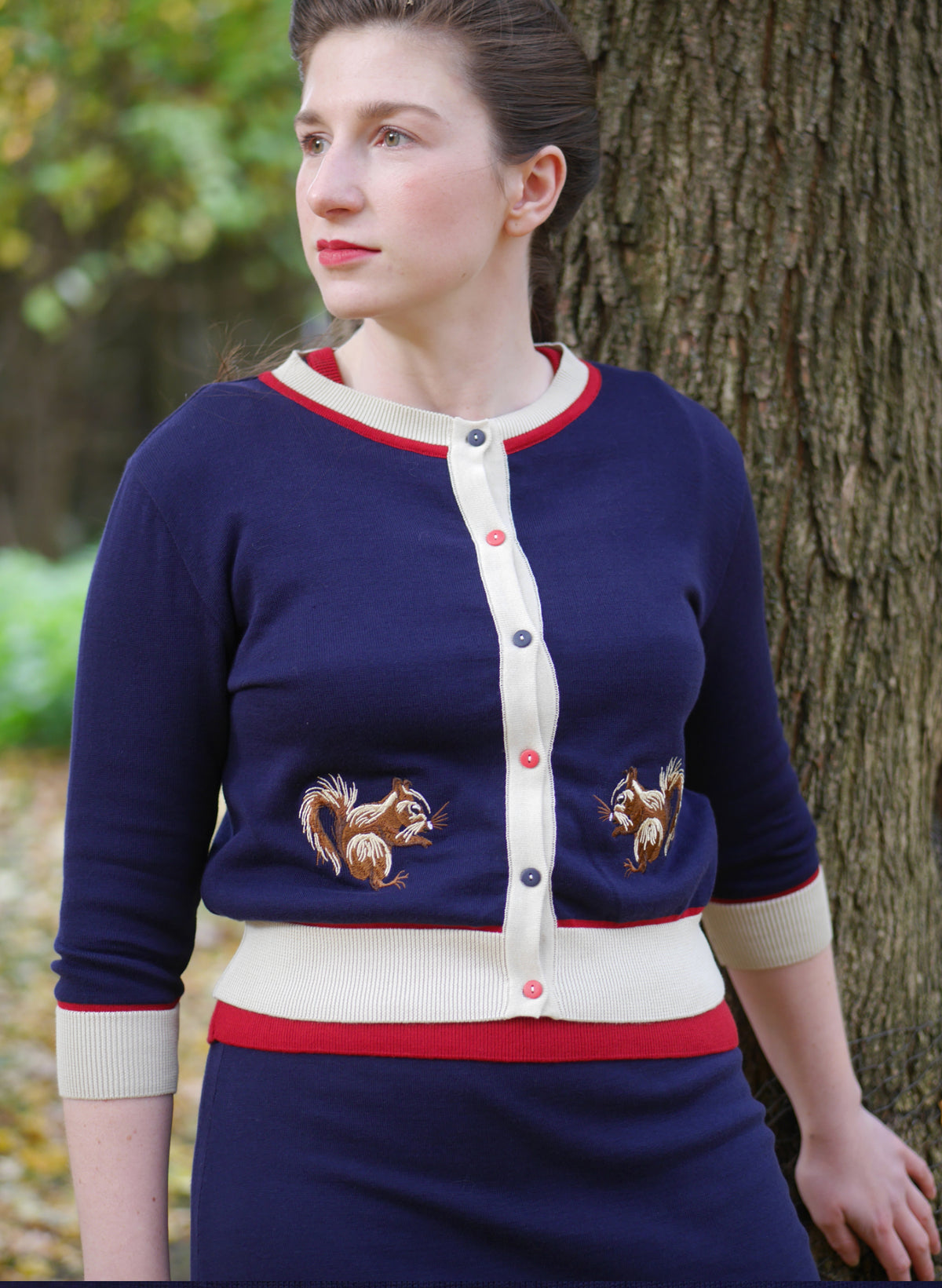 Vera - Navy Embroidered Squirrel Cardigan
