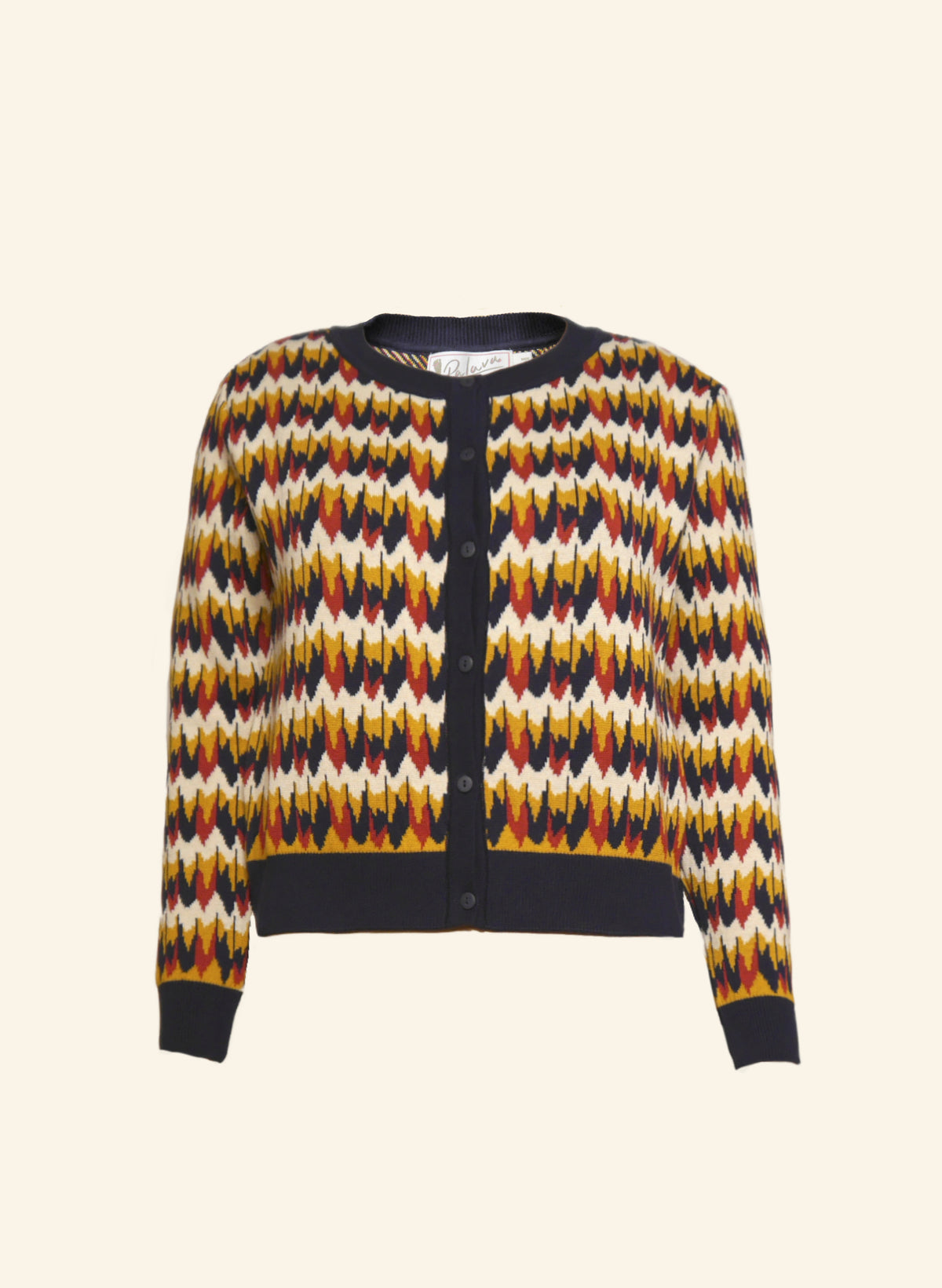 A navy marbled feather patterned Vera Jacquard cardigan - made from 100% organic cotton with long sleeves and a round neckline.