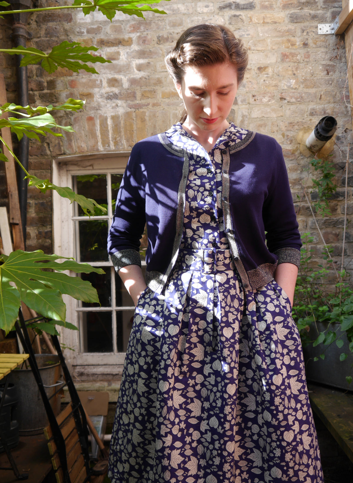 Cynthia Dress - Navy Autumn Leaves