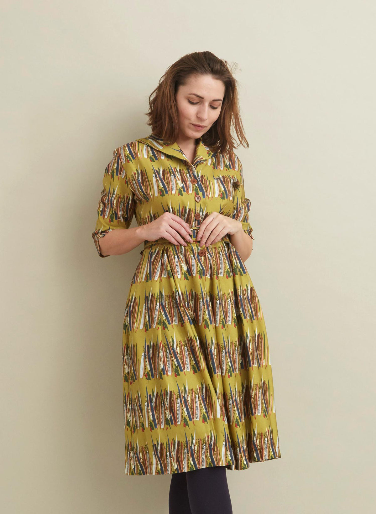 PRE LOVED - Ida Dress - Mustard Mid-Century Feather - Size 08