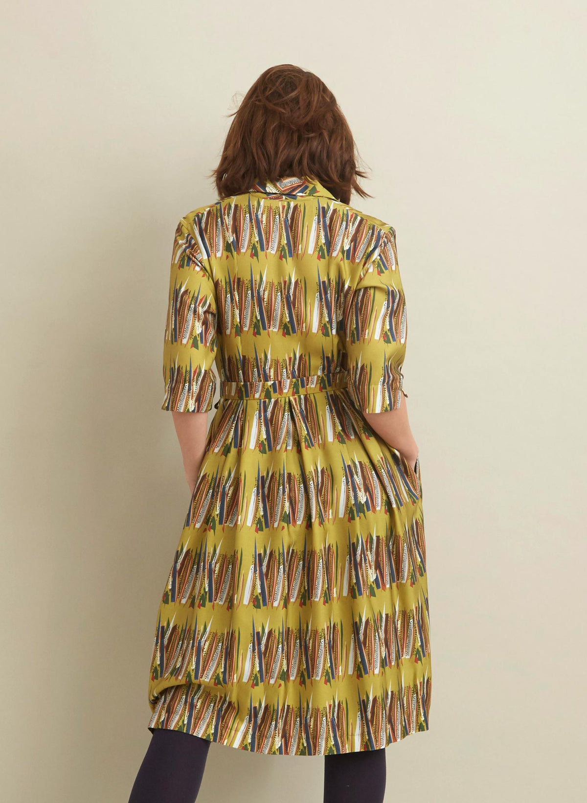 PRE LOVED - Ida Dress - Mustard Mid-Century Feather - Size 08