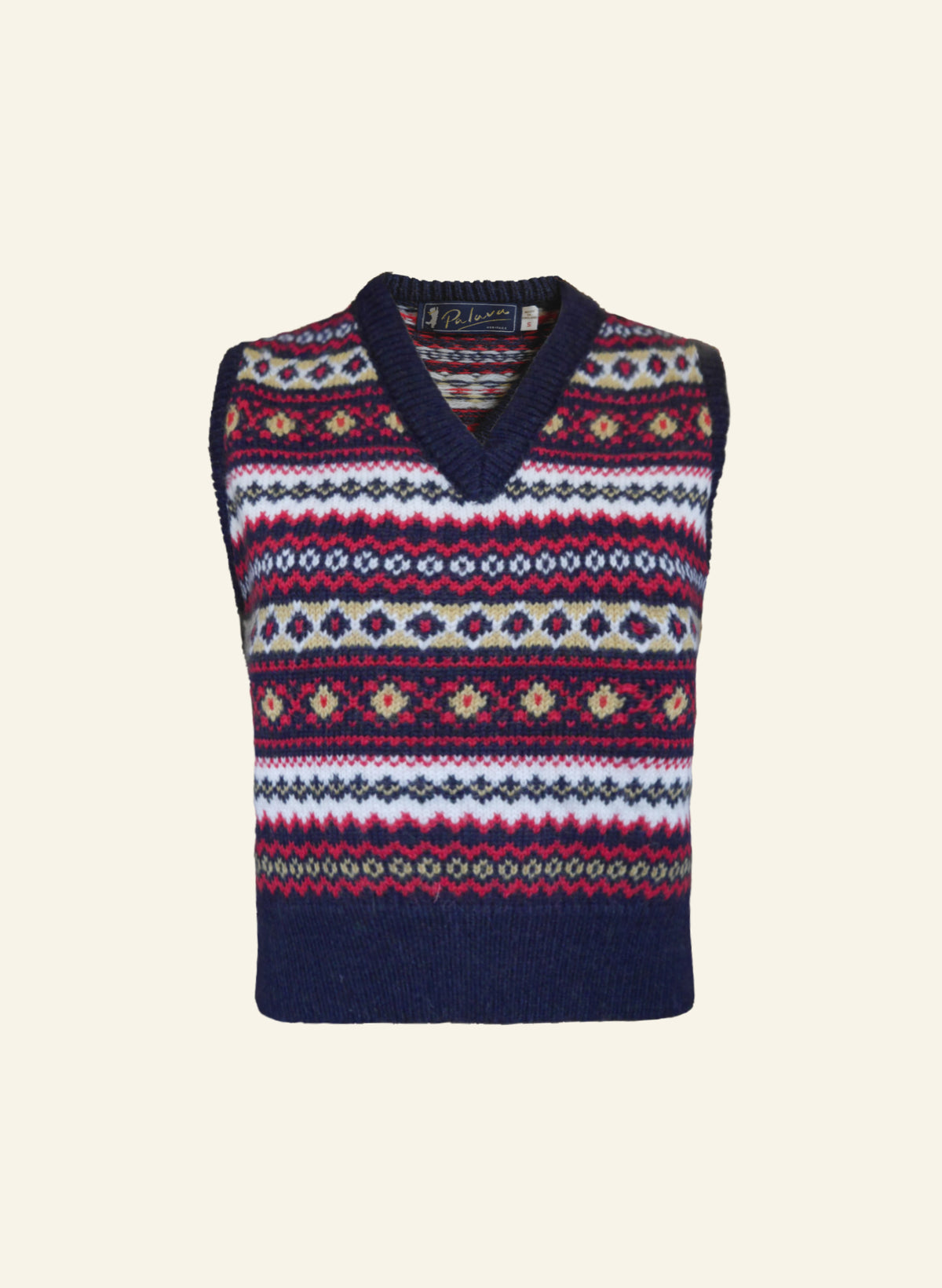 A navy 1950s-style sleeveless, v-neck, tank top made from 100% British wool with a Fairisle knit pattern in multiple colors.
