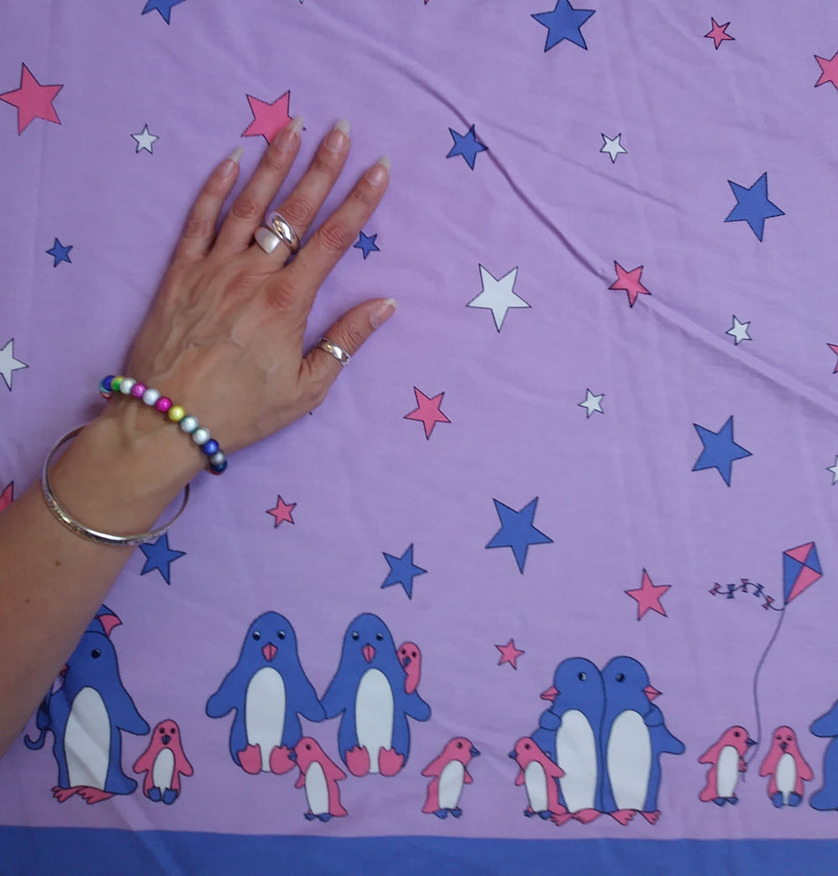 Remnant - 98cm - Purple Penguin Fabric - Cotton twill Fabric