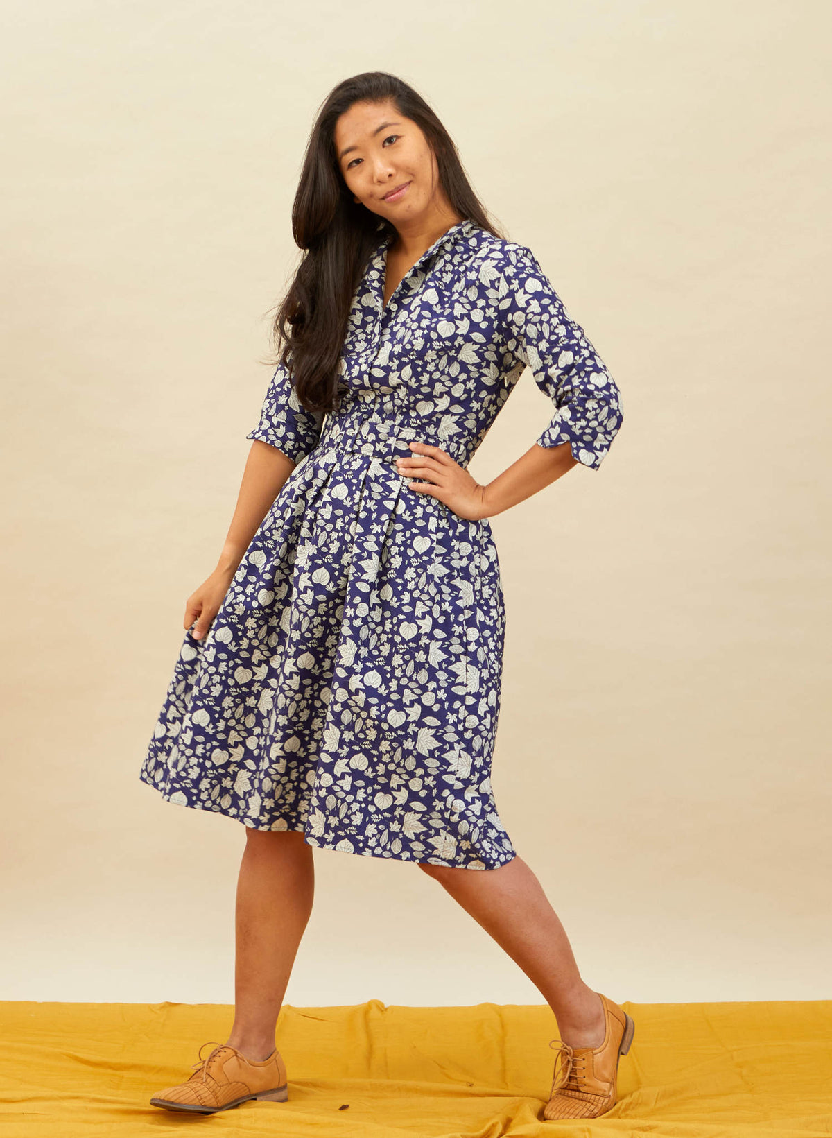 Cynthia Dress - Navy Autumn Leaves