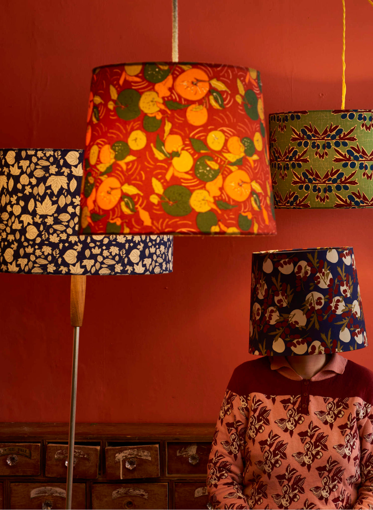 Drum Fringe Lampshade - Navy Autumn Leaves