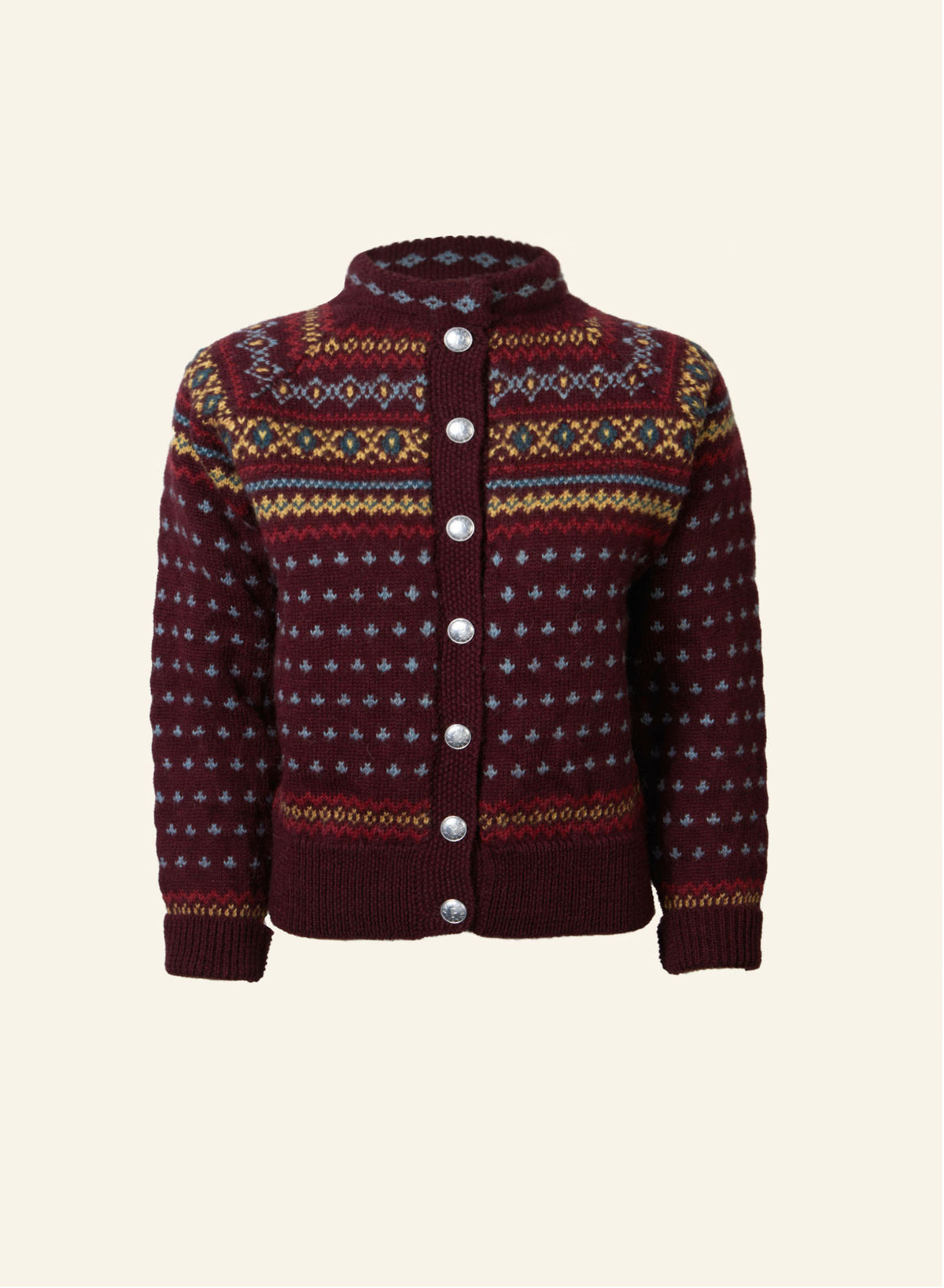 A burgundy 1950s-style knitted 100% British wool cardigan with a geometric fairisle pattern and a mandarin collar, fronted with buttons.