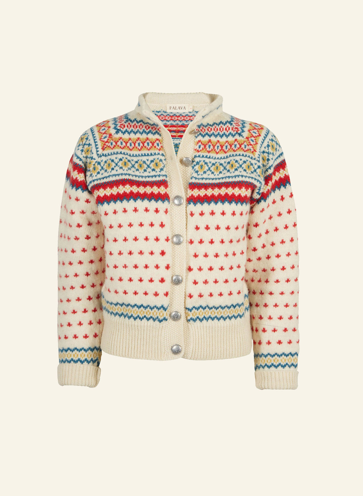 A colorful geometric patterned 1950s-style 100% wool cardigan with a mandarin collar and pewter buttons.