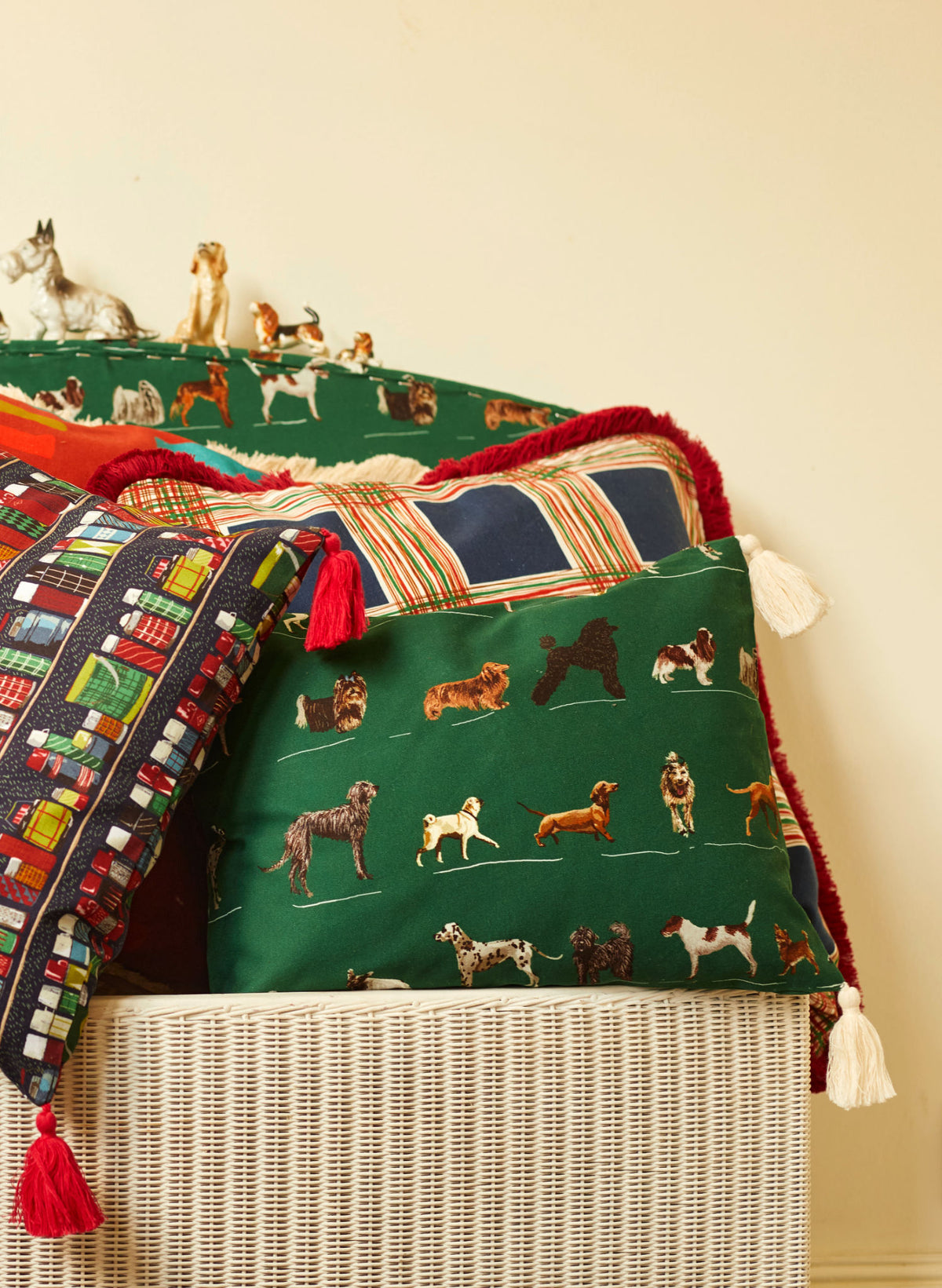 Rectangular Cushion Cover - Green Porcelain Dogs