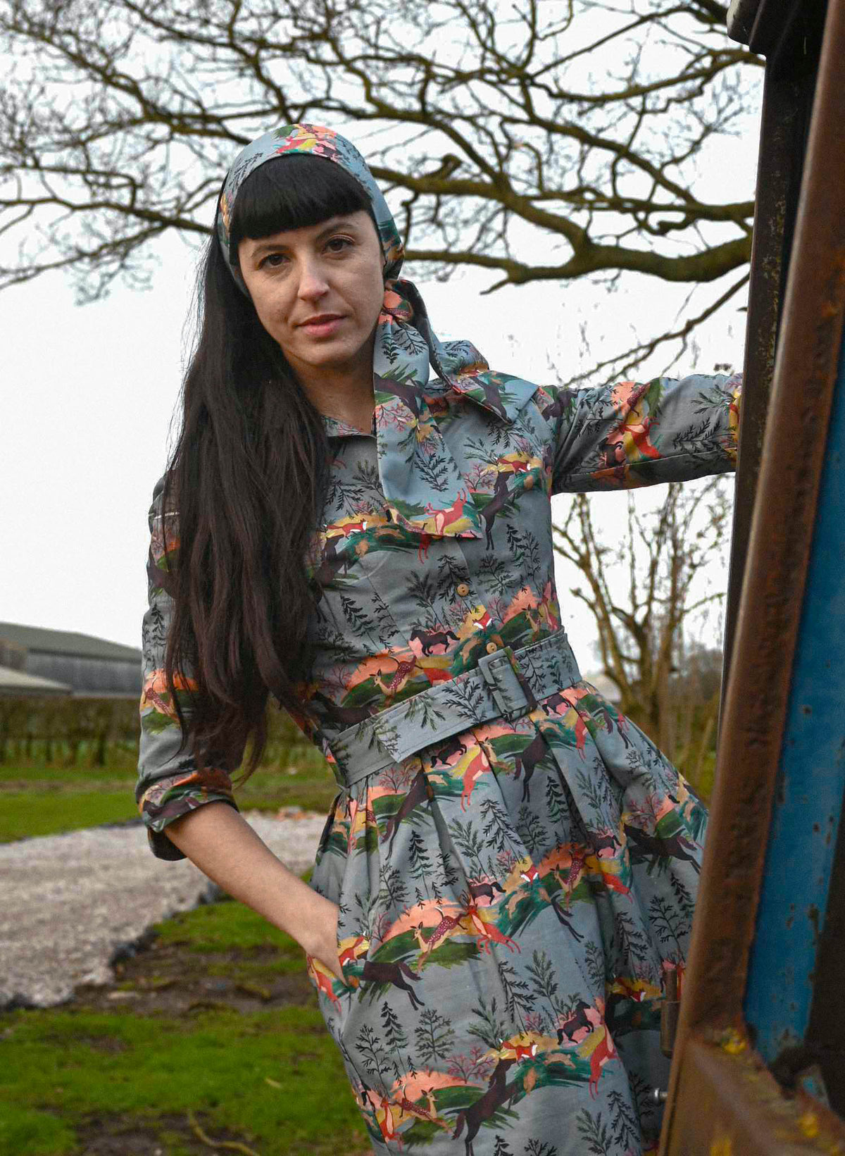 Cynthia - Eggshell Leaping Deer Dress