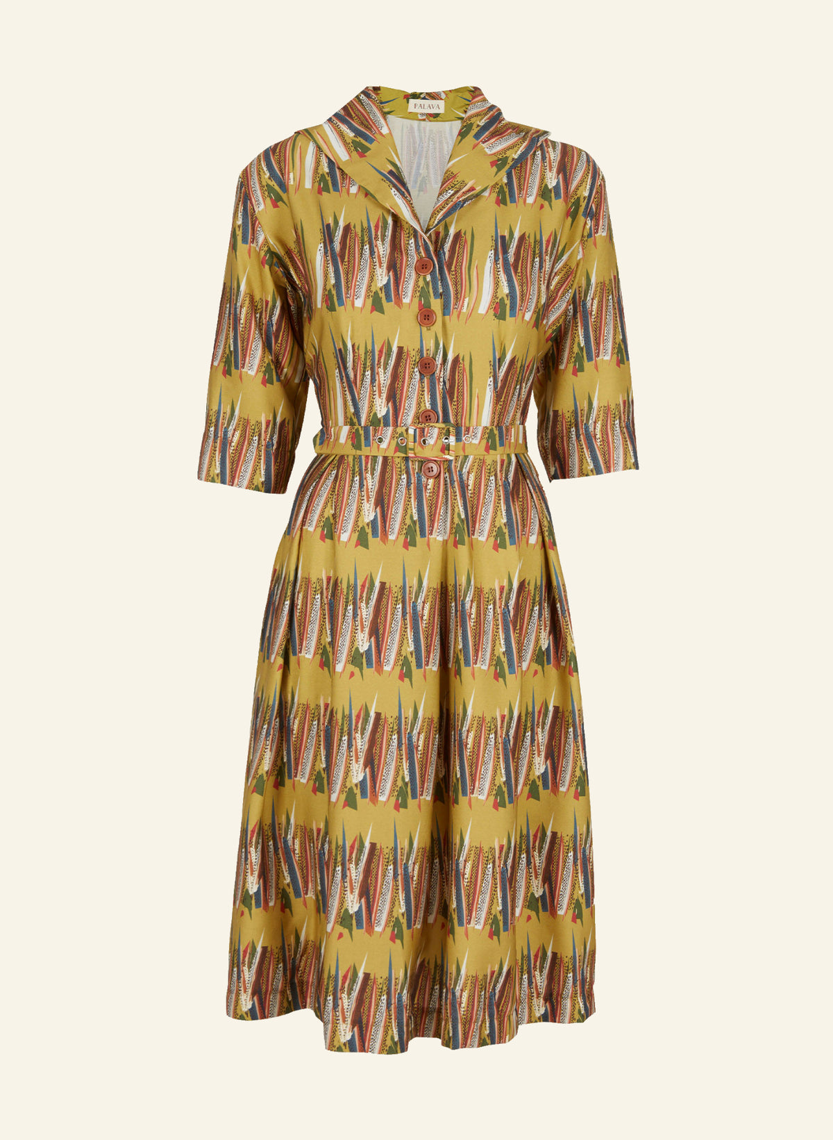 PRE LOVED - Ida Dress - Mustard Mid-Century Feather - Size 08