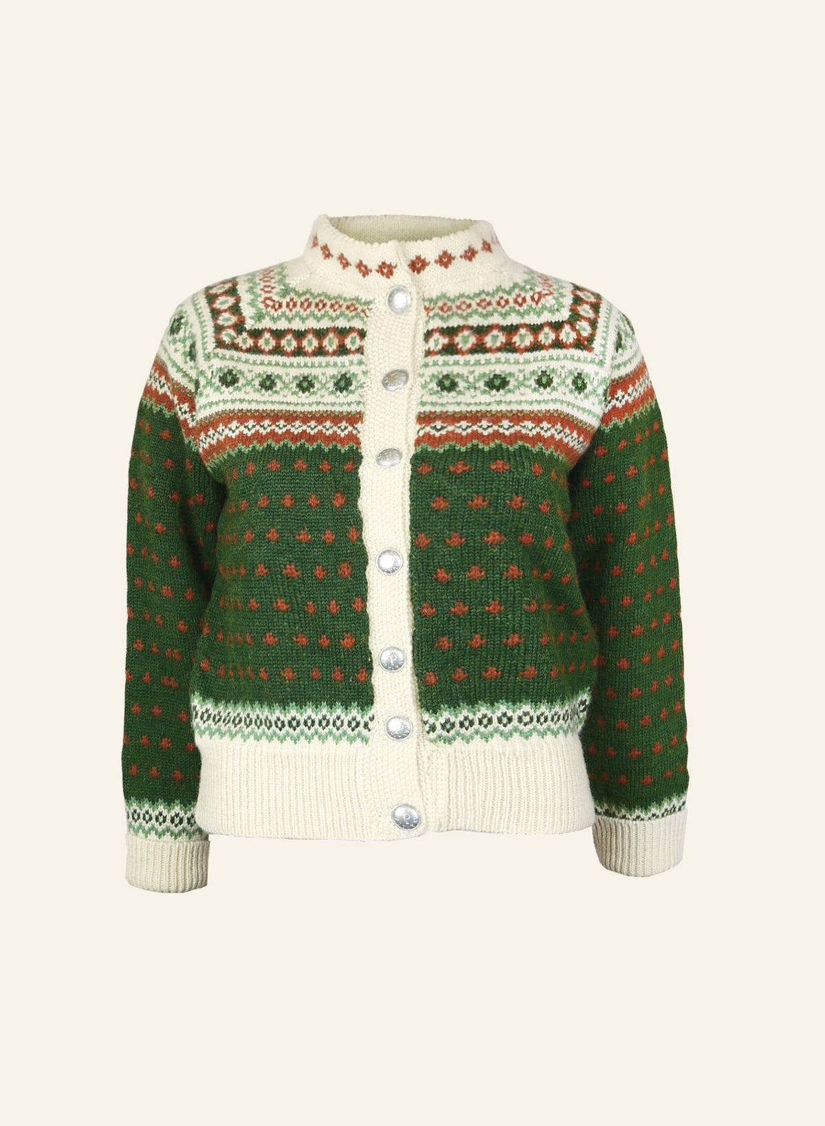 A 1950s-style 100% british wool green, white, and red colorwork cardigan with a mandarin collar and pewter buttons.