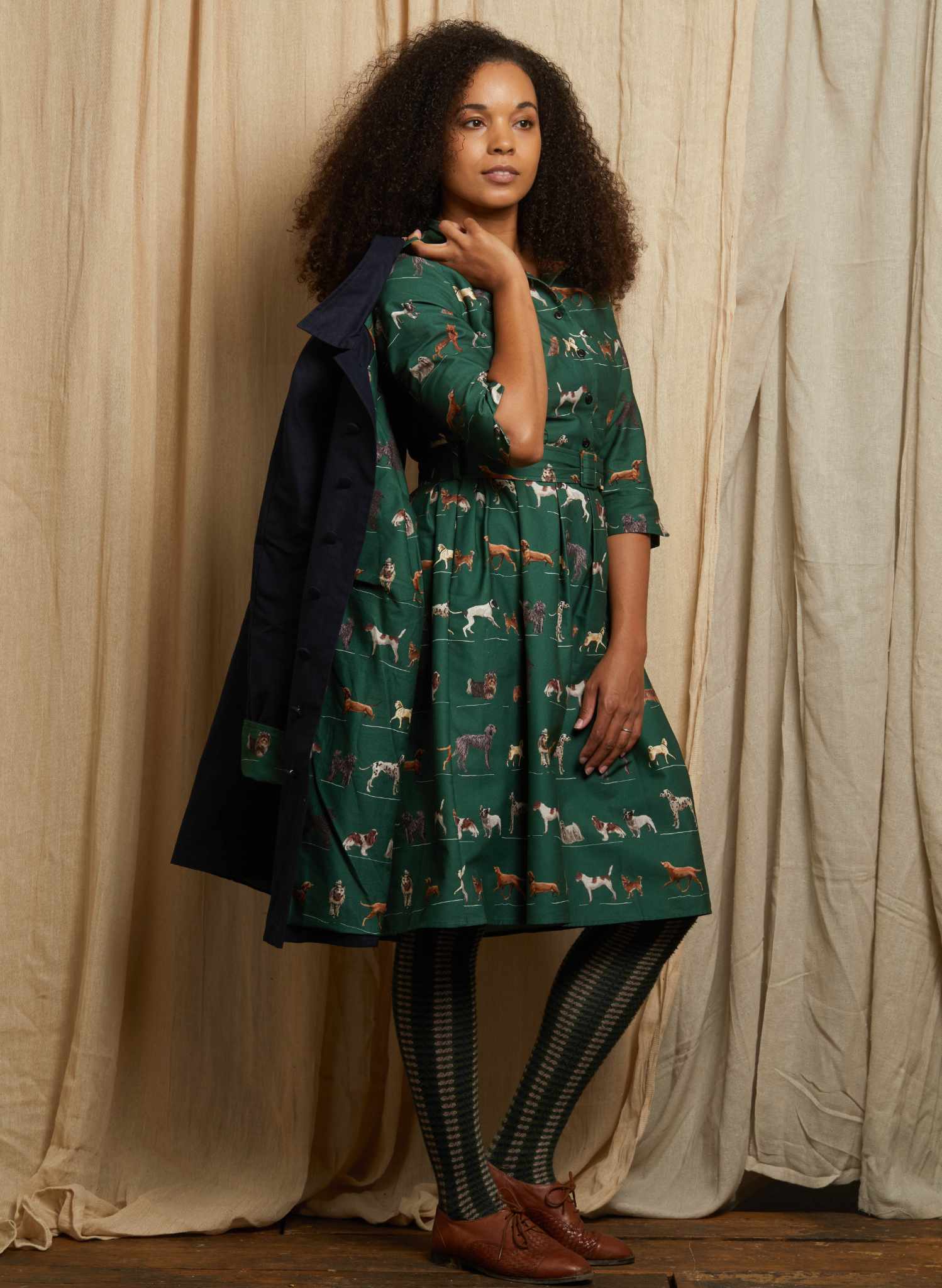 Heritage - Navy Trench Coat - Green Porcelain Dogs Lining
