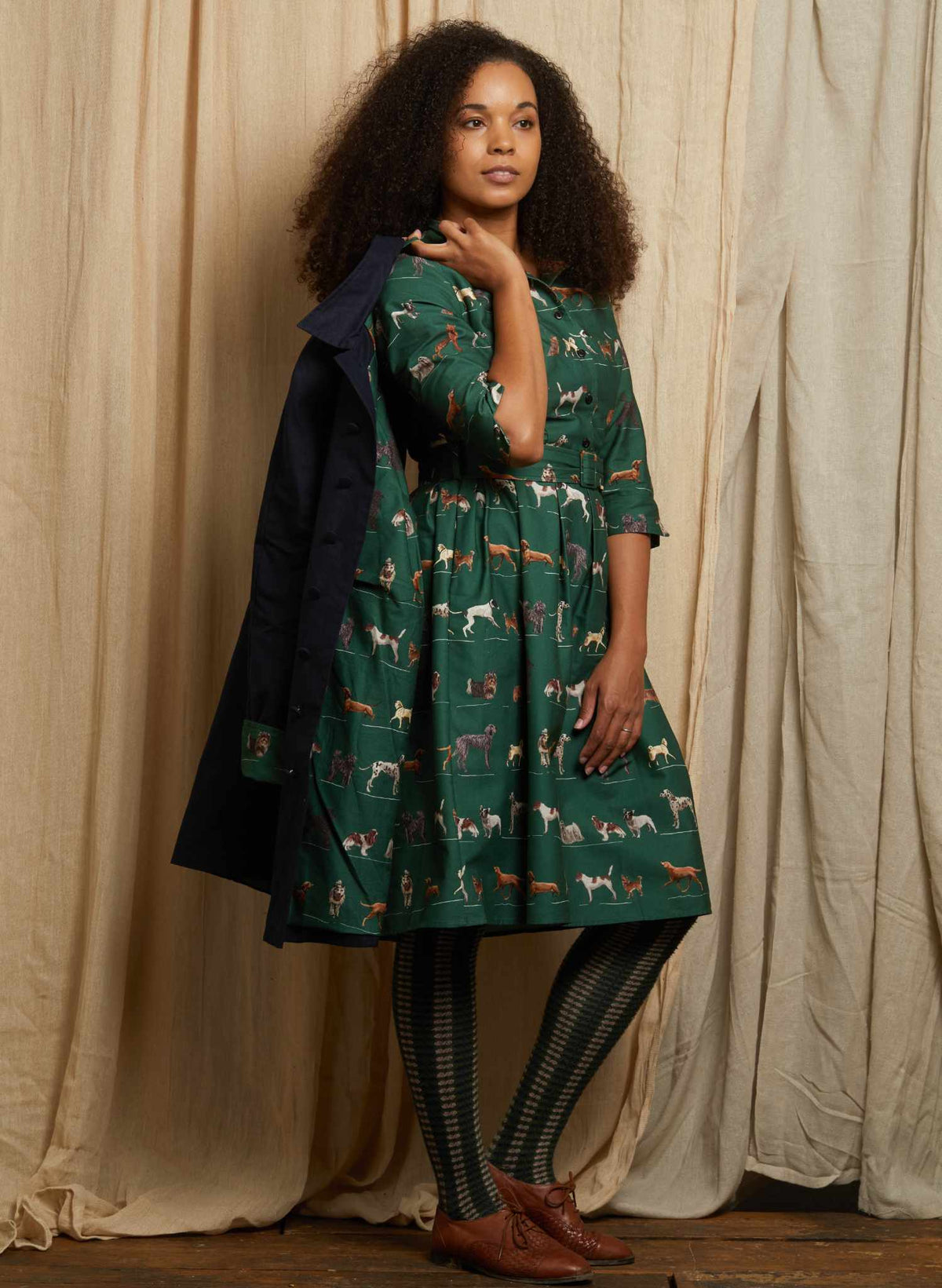 Heritage - Navy Trench Coat - Green Porcelain Dogs Lining