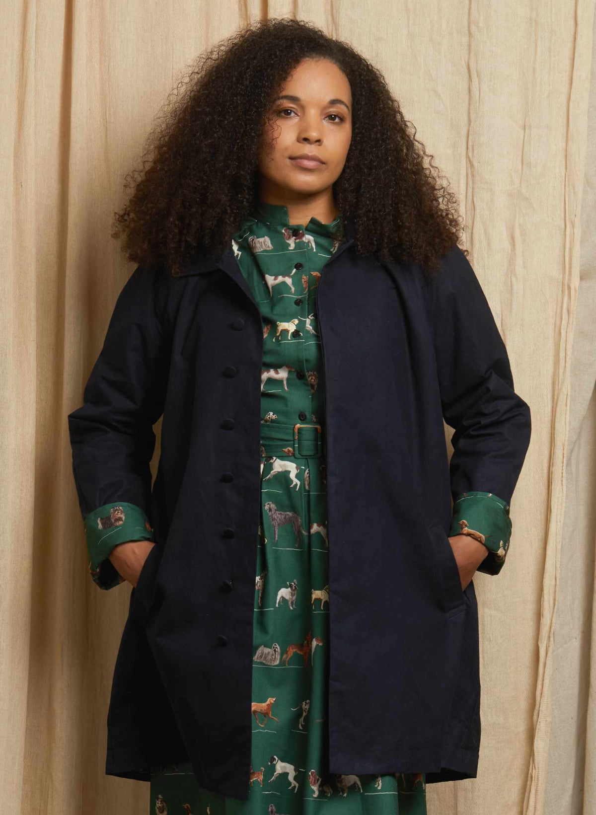 Heritage - Navy Trench Coat - Green Porcelain Dogs Lining