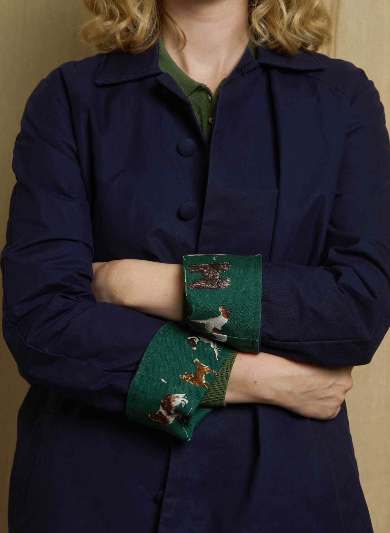 Heritage - Navy Trench Coat - Green Porcelain Dogs Lining