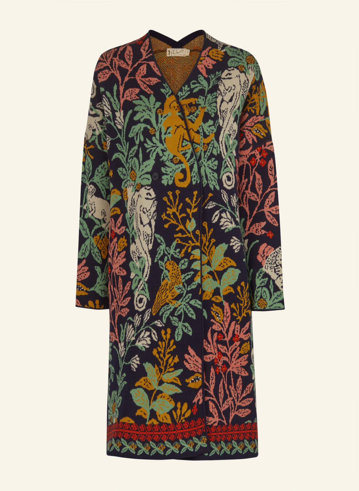 A long-sleeve wrap kimono-style coat featuring a vibrant, multicolor jungle and animal print on a dark navy base, displayed against a solid off-white background.