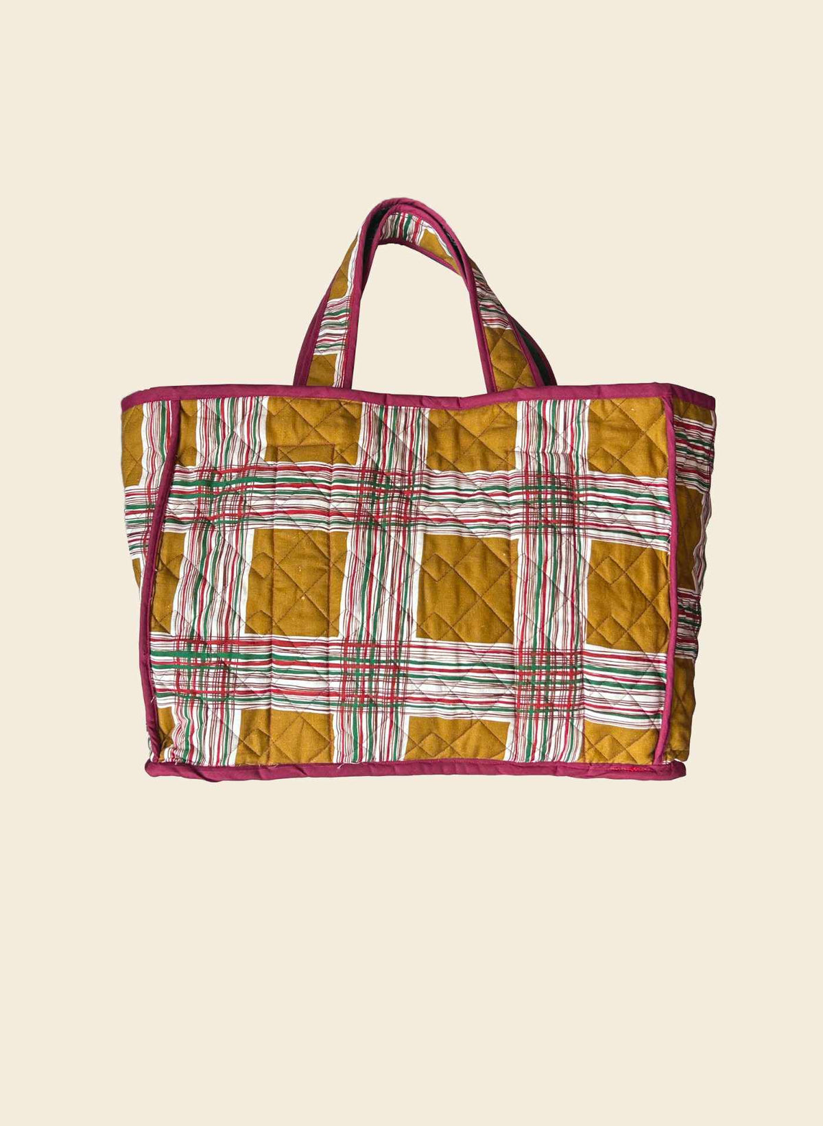 Reversible Quilted Tote Bag - Green Porcelain Dogs/Mustard Check