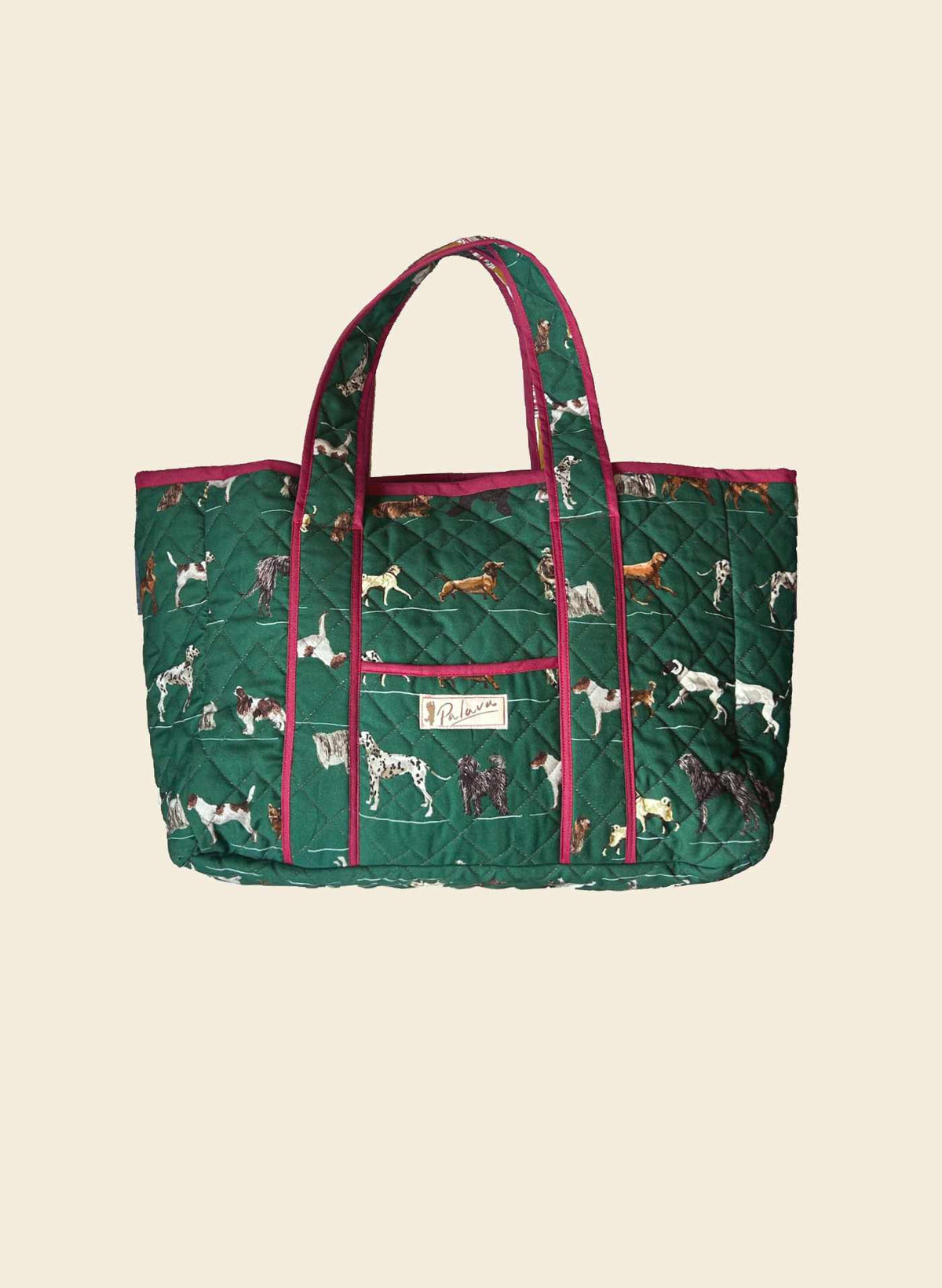 Reversible Quilted Tote Bag - Green Porcelain Dogs/Mustard Check