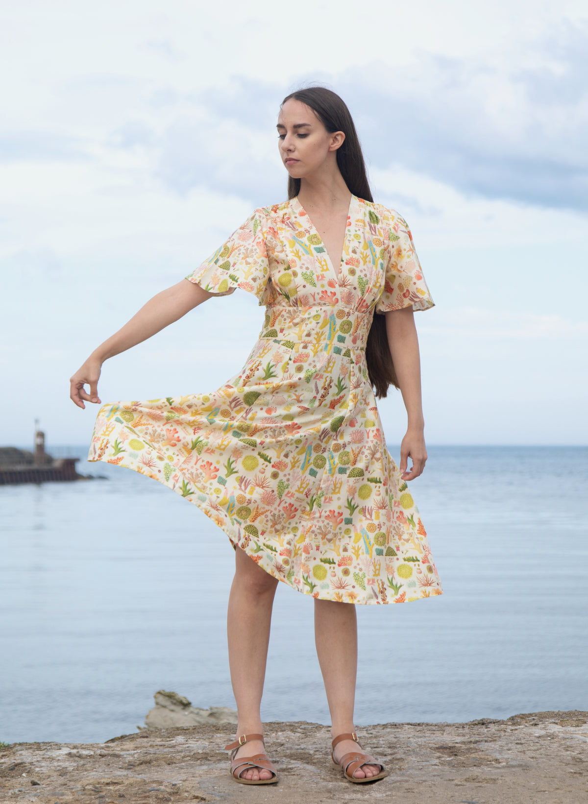 Rita Long-sleeve Dress - Cream Coral Reef