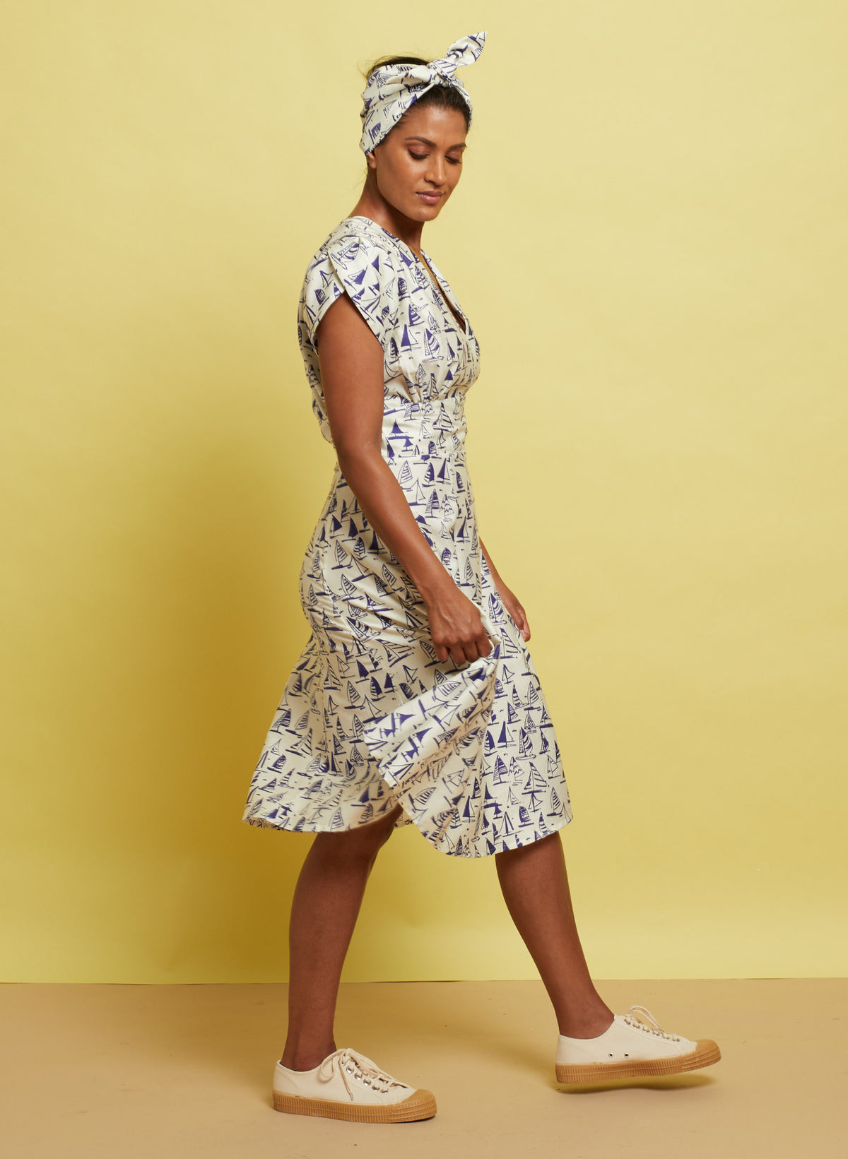 V-Neck Knee-Length Sailboats Dress | TENCEL™ | Made in UK