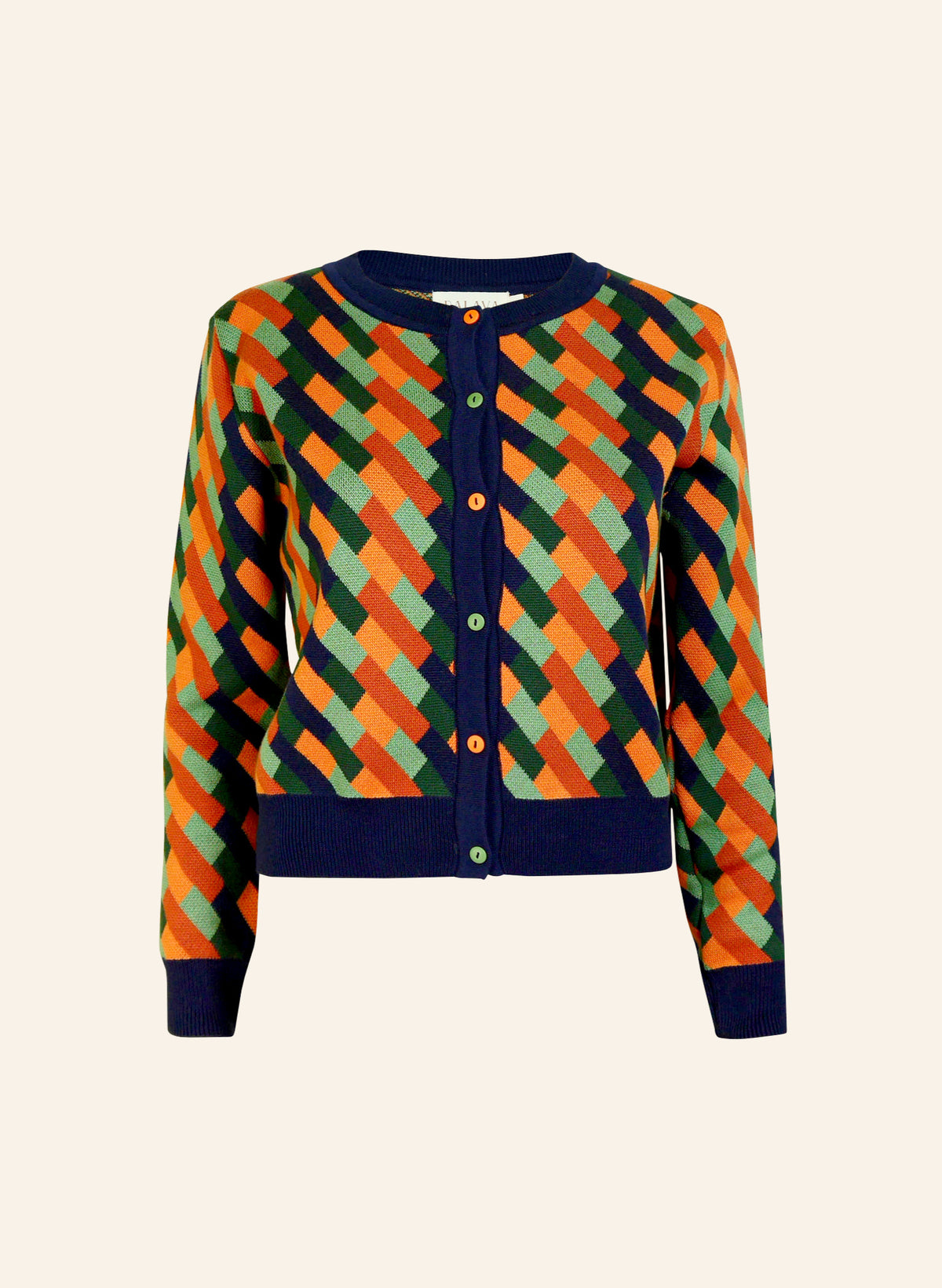 Colorful patterned organic cotton cardigan on a beige background