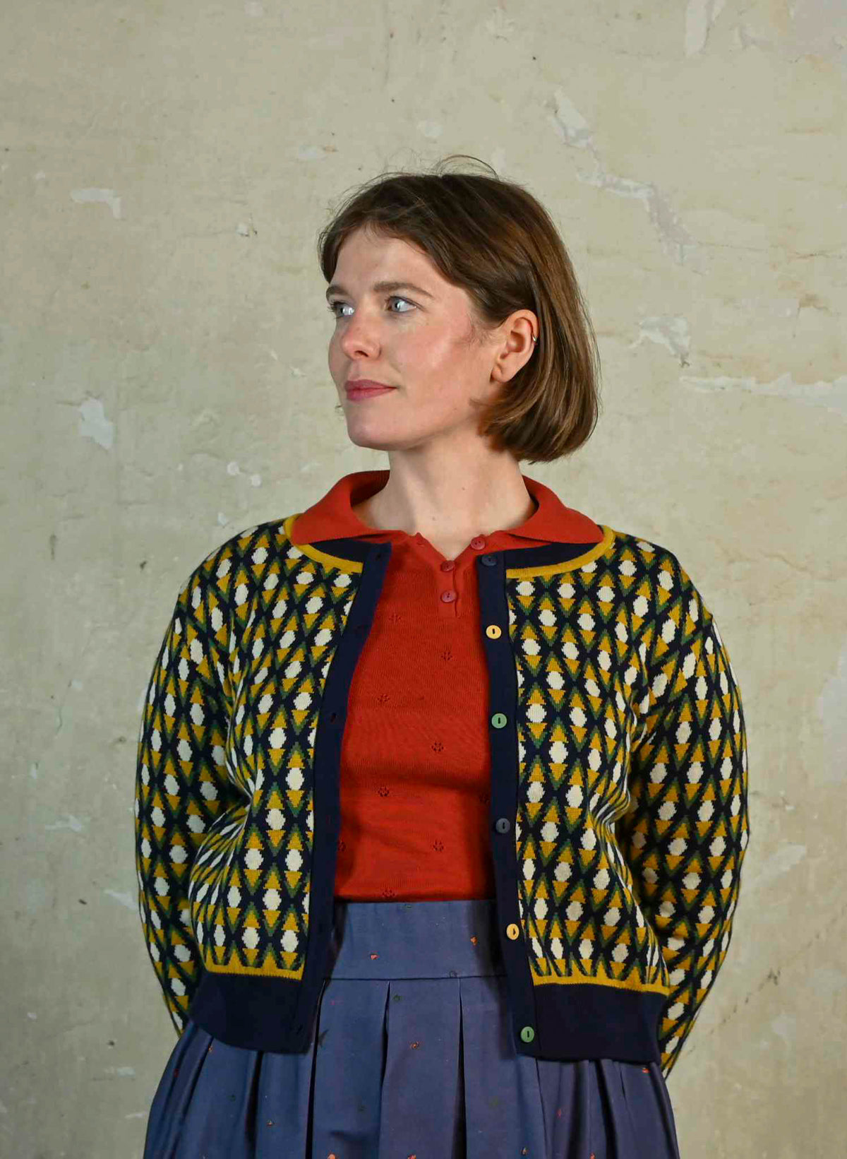 Vera Jacquard Cardigan - Navy Diamond