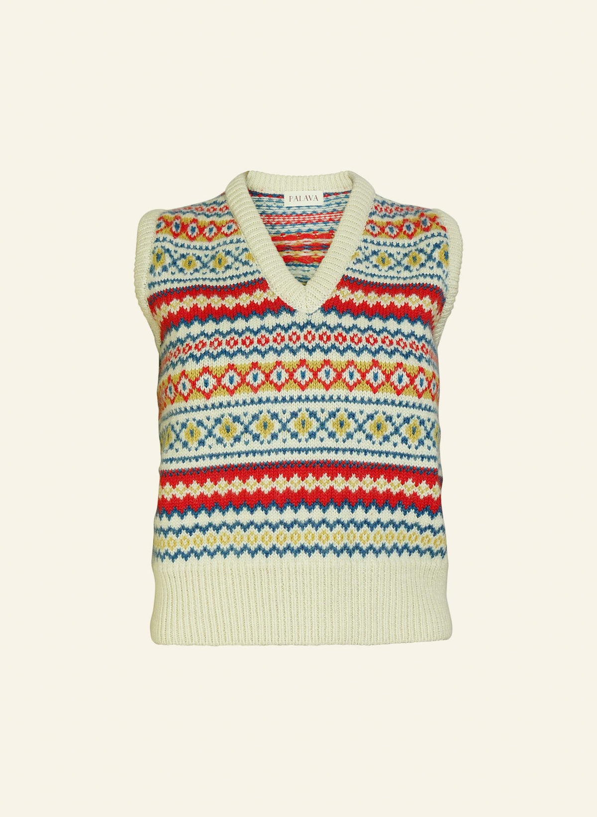A 1950s-style sleeveless, v-neck, tank top made from 100% British wool with a Fairisle knit pattern in multiple colors.