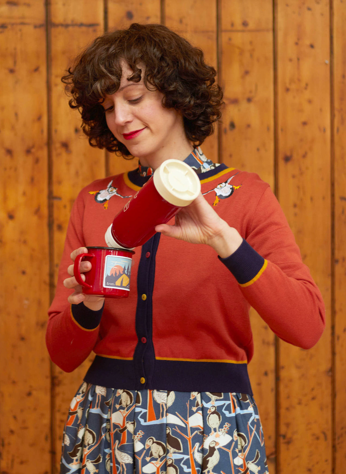 Vera Cardigan - Embroidered Puffin Rust