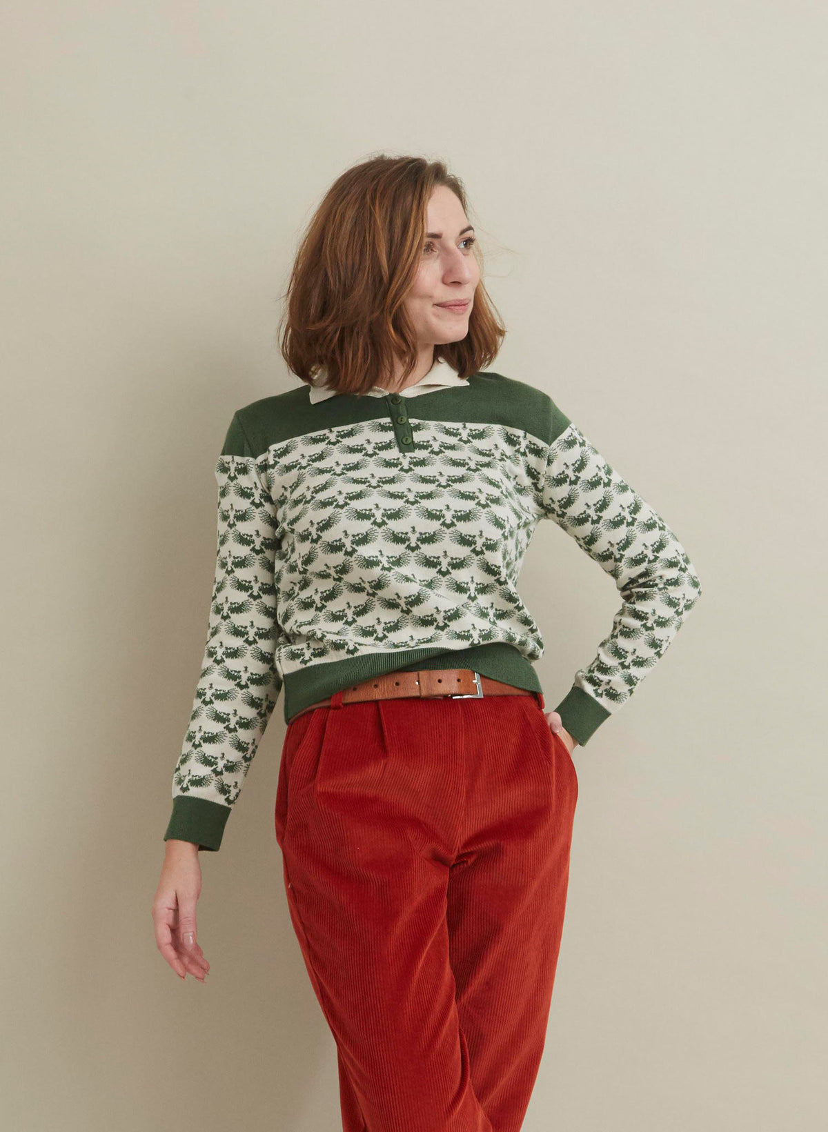Aila - Green Jacquard Eagle - Knitted Top