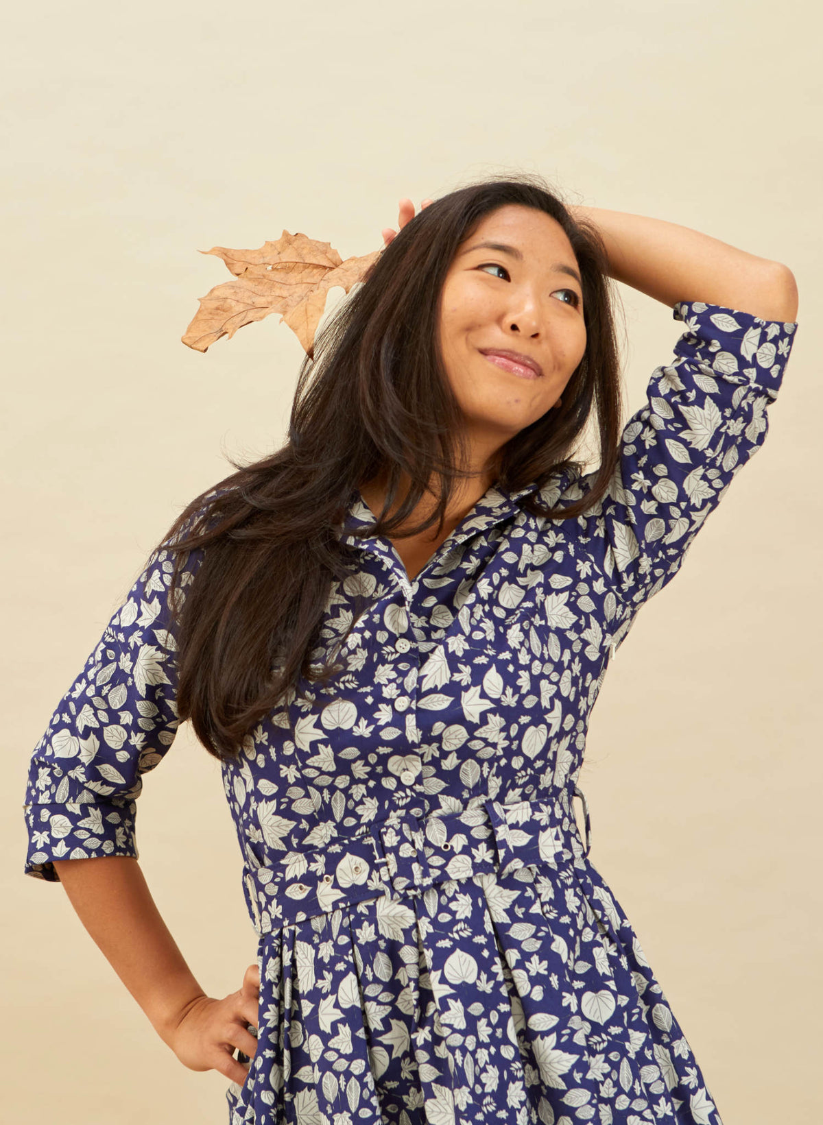 Cynthia Dress - Navy Autumn Leaves