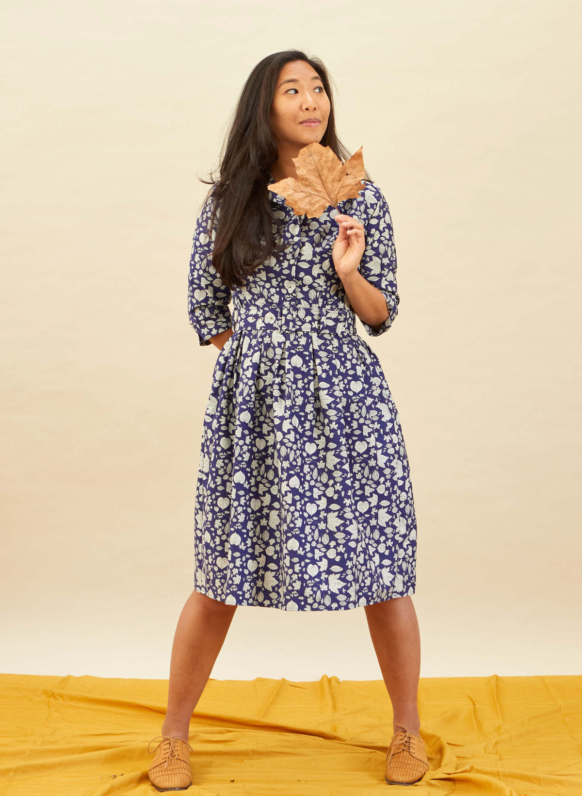 Cynthia Dress - Navy Autumn Leaves