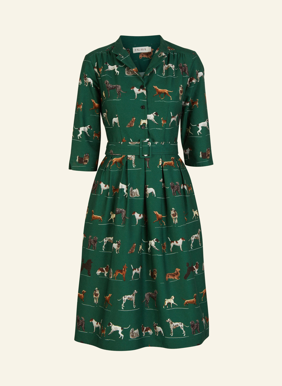 100% organic cotton vintage-style green knee-length belted shirt dress with 3/4 length sleeves, pockets, and green porcelain dogs print.