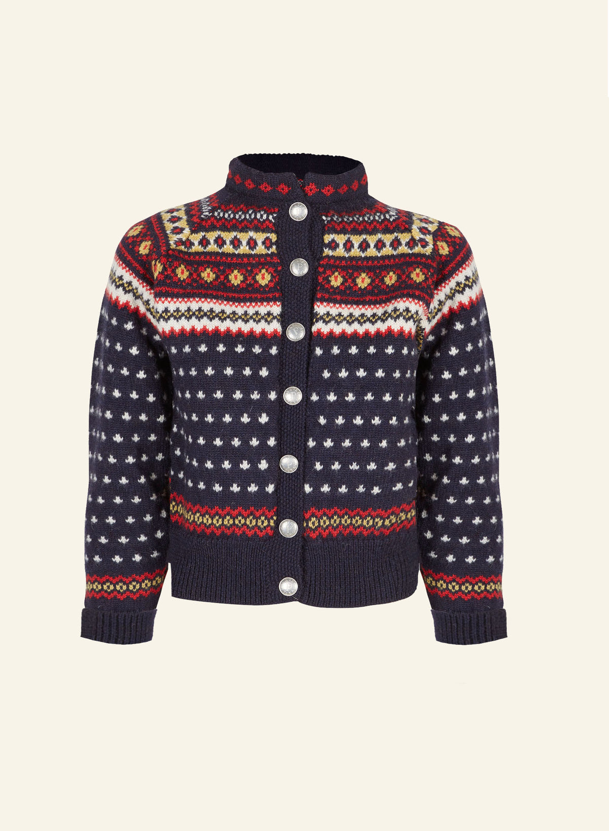 A navy 1950s-style knitted 100% british wool cardigan with a colorful geometric fairisle pattern, featuring a mandarin collar and pewter buttons.